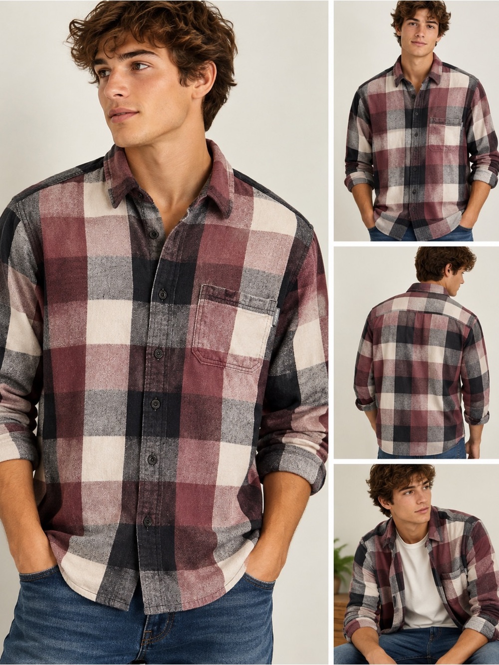 Hollister Medium Men’s Plaid Flannel Shirt Burgundy Fall Winter Relaxed Fit